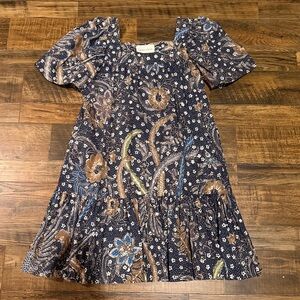 Cara Cara Navy Paisley Floral Puff-Sleeve Dress with Brown Accents